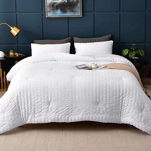 Seersucker White Comforter Set, 3 Pieces- 100% Soft Washed Full Size